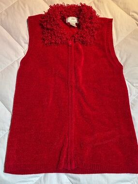 Lisa International Bright Red Zip-Front Sleeveless Vest with Curly Trim Sz L